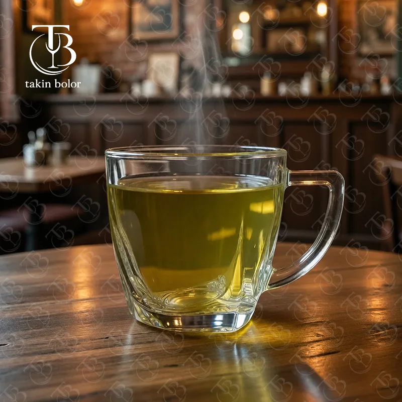 فنجان شیشه ای از جنس بلور مدل KTZB141 از برند بلینک مکس روی میز چوبی