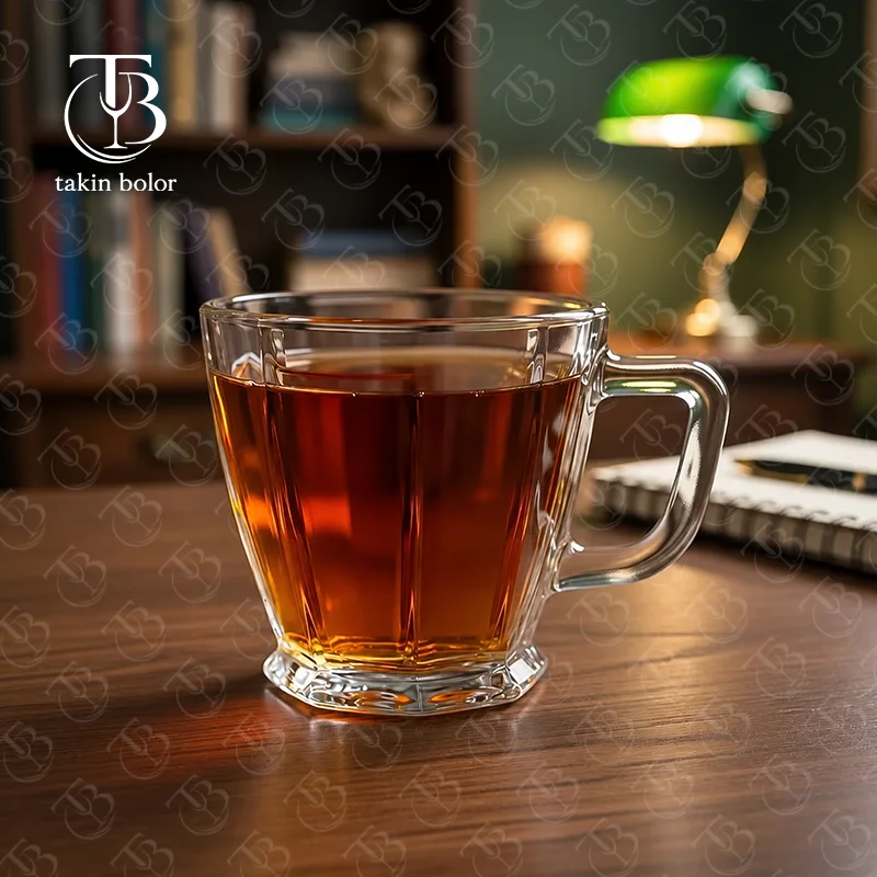 فنجان شیشه ای از جنس بلور مدل KTZB143 از برند بلینک مکس روی میز چوبی
