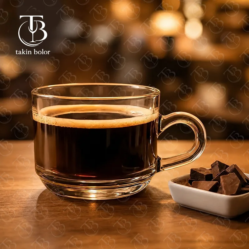 فنجان شیشه ای از جنس بلور مدل KTZB58 از برند بلینک مکس روی میز چوبی