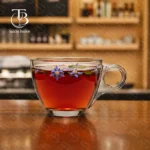 فنجان شیشه ای از جنس بلور مدل KTZB95 از برند بلینک مکس روی میز چوبی