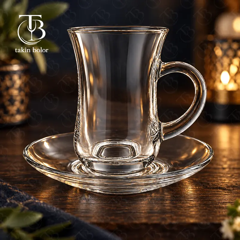 فنجان نعلبکی شیشه ای از جنس بلور روی یک میز چوبی