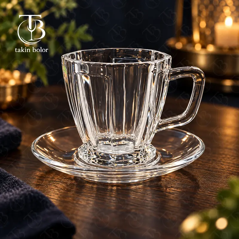فنجان نعلبکی شیشه ای از جنس بلور روی یک میز چوبی