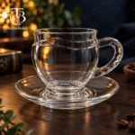 فنجان نعلبکی شیشه ای از جنس بلور روی یک میز چوبی