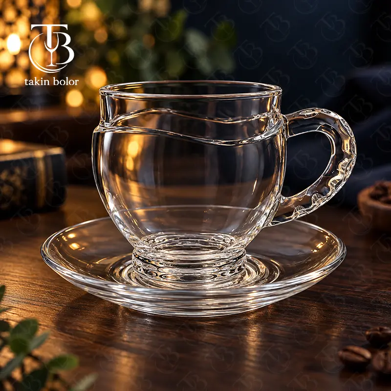 فنجان نعلبکی شیشه ای از جنس بلور روی یک میز چوبی