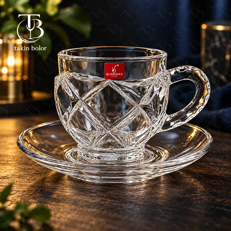 فنجان نعلبکی شیشه ای از جنس بلور روی یک میز چوبی