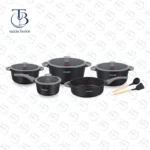 سرویس قابلمه 11 پارچه مشکی با دستگیره و در های طوسی و با یک کفگیر و ملاقه