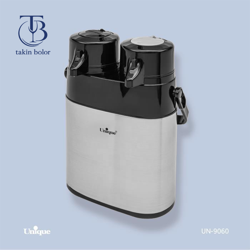 فلاسک دو قلو استیل 1.6 لیتری با دستگیره و درب مشکی