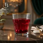 نیم لیوان شیشه ای از جنس بلور لب طلایی روی یک میز