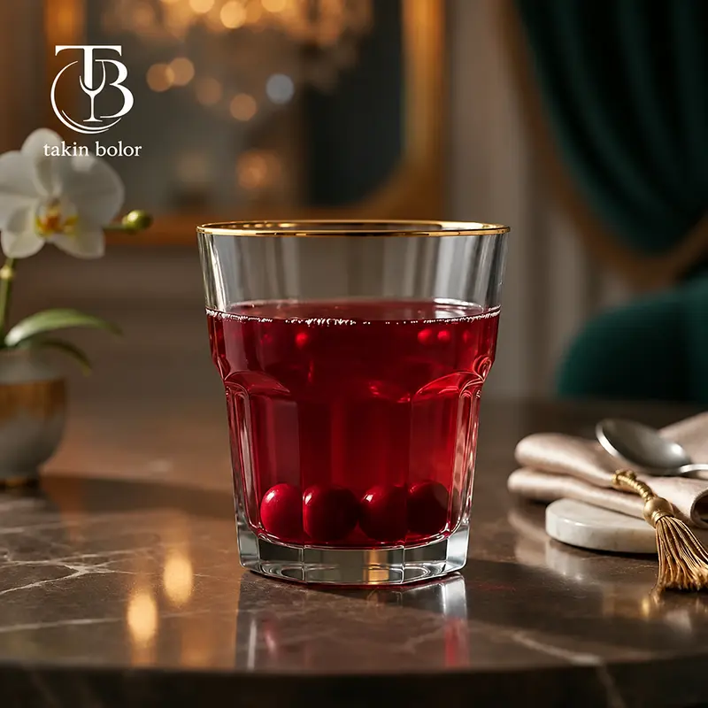 نیم لیوان شیشه ای از جنس بلور لب طلایی روی یک میز