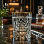 نیم لیوان شیشه ای از جنس بلور لب طلایی روی یک میز