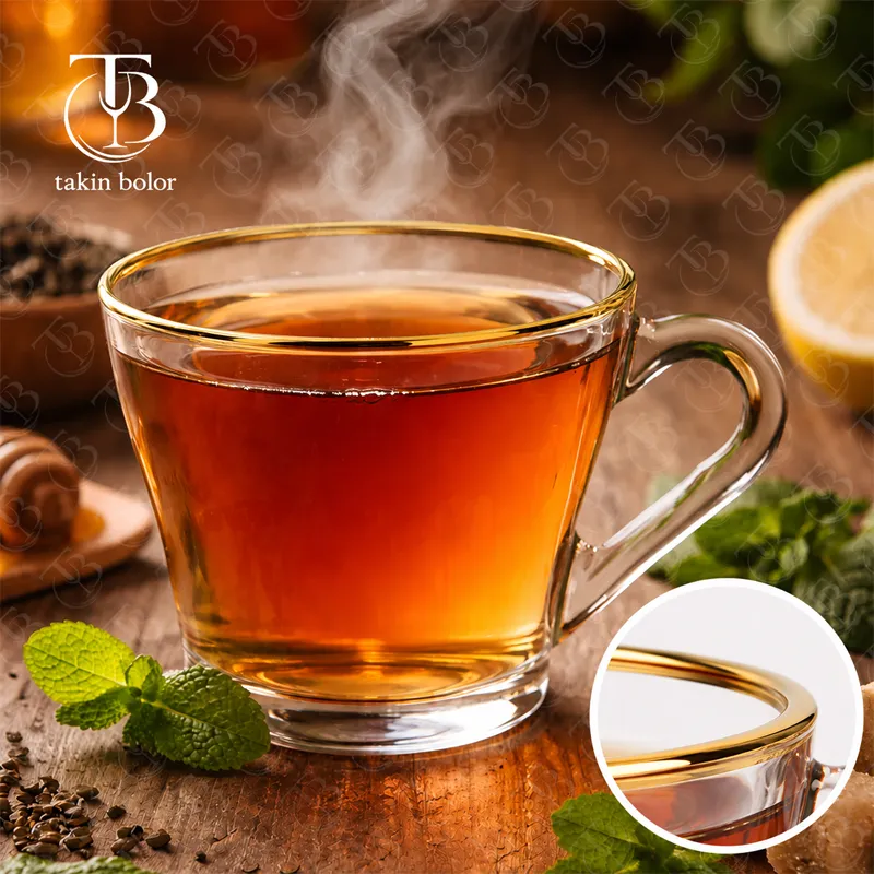 فنجان شیشه ای لب طلا از جنس بلور روی یک میز