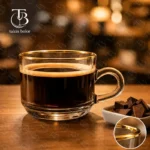 فنجان شیشه ای لب طلا از جنس بلور روی یک میز چوبی