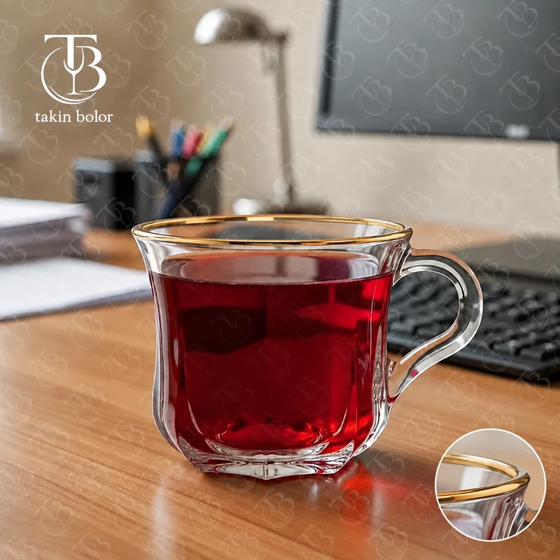 فنجان شیشه ای لب طلا از جنس بلور روی یک میز چوبی
