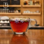 فنجان شیشه ای لب طلا از جنس بلور روی یک میز چوبی