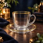 فنجان نعلبکی شیشه ای لب طلا از جنس بلور روی میز چوبی