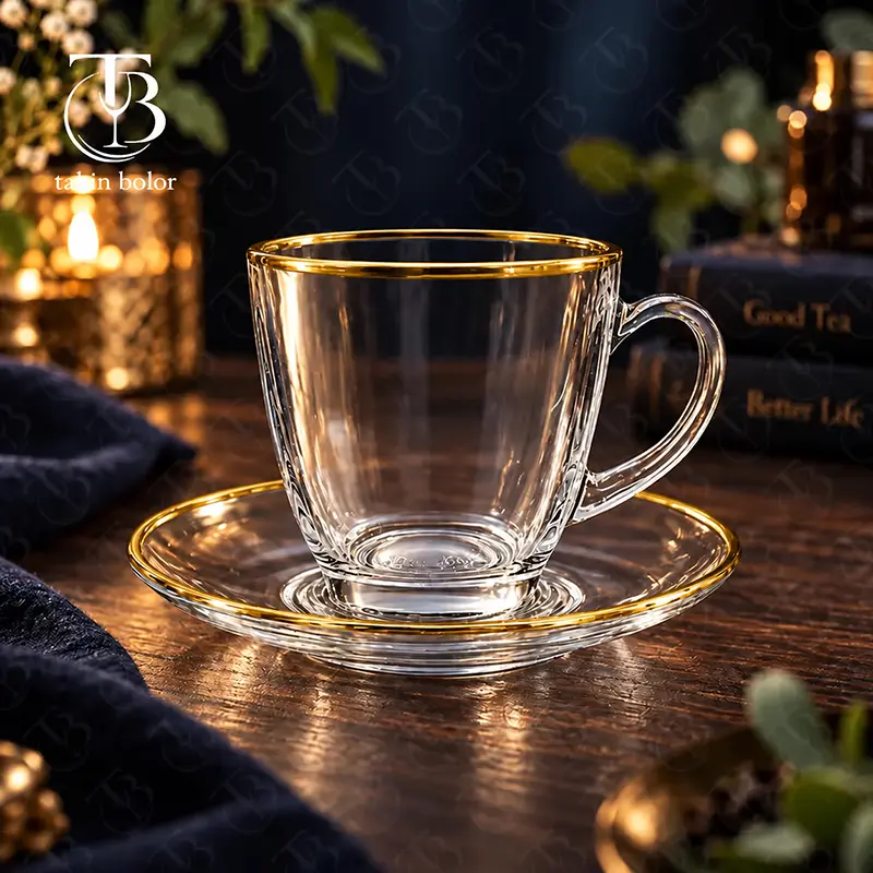فنجان نعلبکی شیشه ای لب طلا از جنس بلور روی میز چوبی