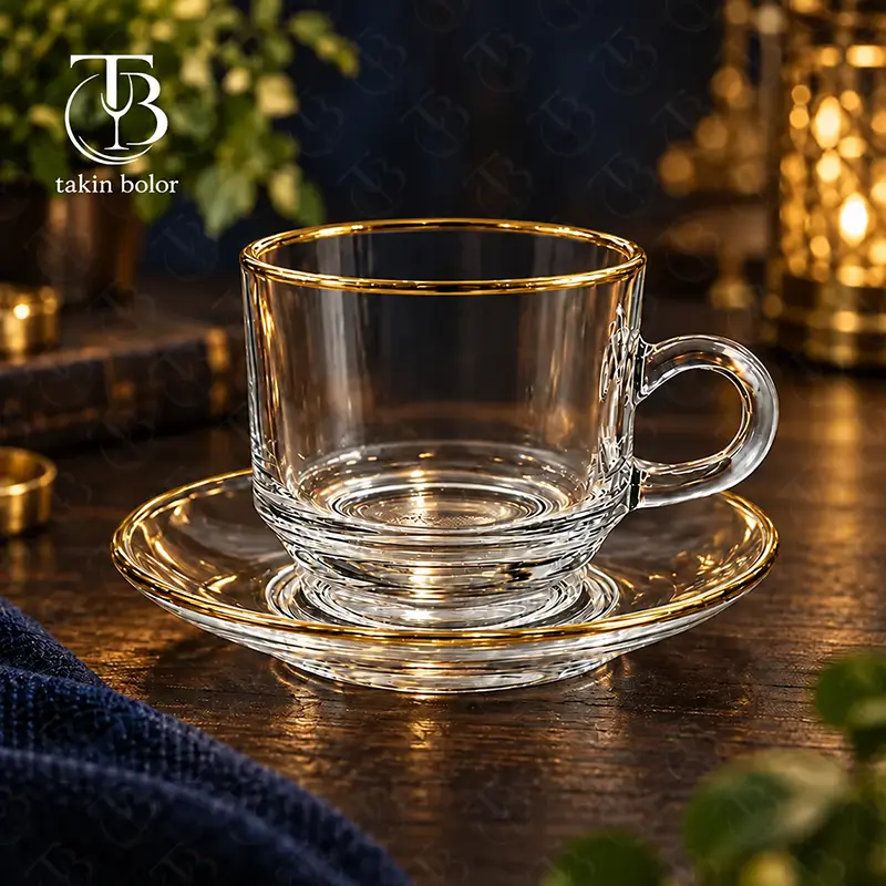فنجان نعلبکی شیشه ای لب طلا از جنس بلور روی میز چوبی