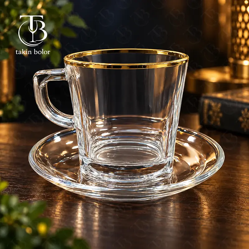 فنجان نعلبکی شیشه ای لب طلا از جنس بلور روی یک میز چوبی