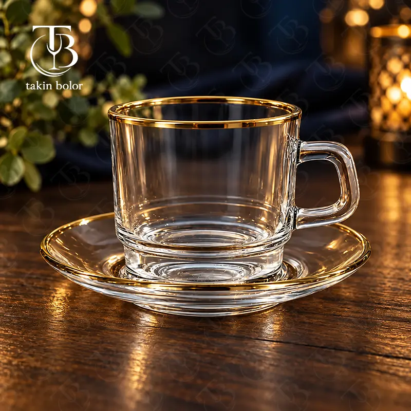 فنجان نعلبکی شیشه ای لب طلا از جنس بلور روی یک میز چوبی