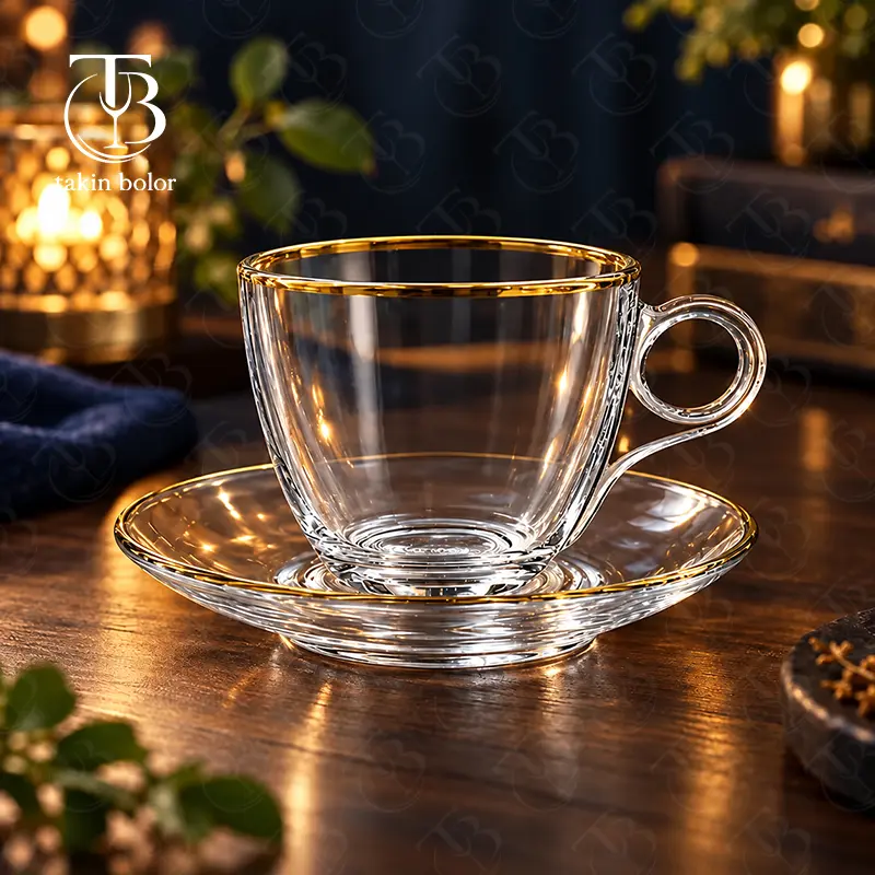 فنجان نعلبکی شیشه ای لب طلا از جنس بلور روی یک میز چوبی