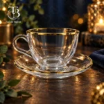 فنجان نعلبکی شیشه ای لب طلا از جنس بلور روی یک میز چوبی