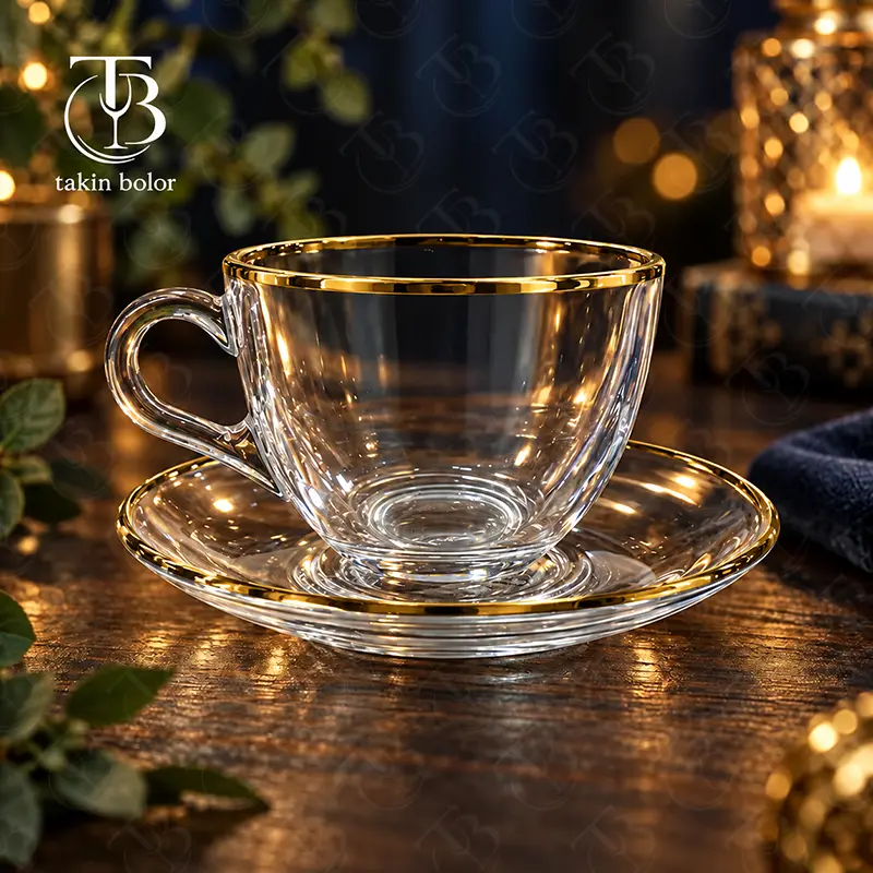فنجان نعلبکی شیشه ای لب طلا از جنس بلور روی یک میز چوبی
