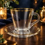 فنجان نعلبکی شیشه ای لب طلا از جنس بلور روی یک میز چوبی