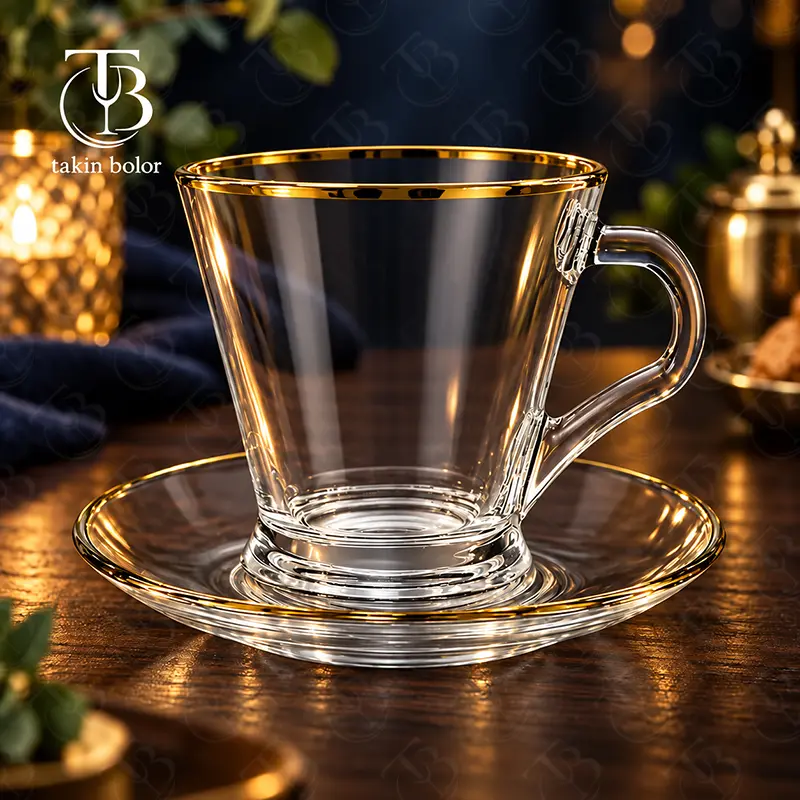 فنجان نعلبکی شیشه ای لب طلا از جنس بلور روی یک میز چوبی