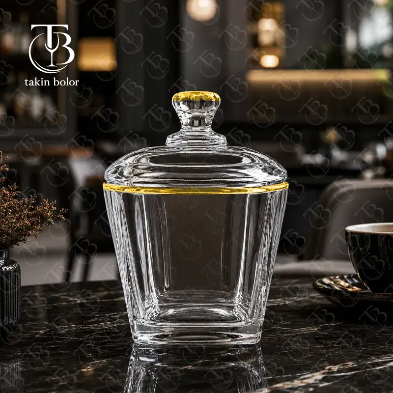 قندان شیشه ای لب طلا از جنس بلور روی یک میز مشکی